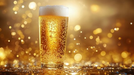 Wall Mural - Sparkling glass of golden beer with bubbles and glimmering background during a festive celebration