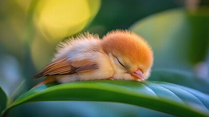 Poster - Small yellow bird perched on green leaves in a sunny environment during springtime