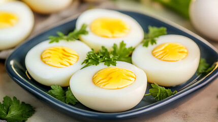 Canvas Print - Sliced boiled eggs with parsley symbolizing simplicity and nutrition