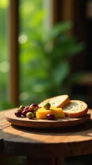 Wall Mural - A sunlit wooden board presents a delightful arrangement of cheese, olives, and toasted bread slices, creating an inviting and appetizing tableau.