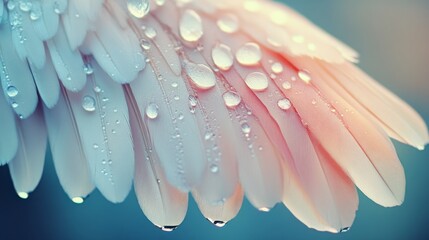 A wing displays soft-pink feathers adorned with water droplets, capturing a moment of serene grace and the subtle play of light and texture.