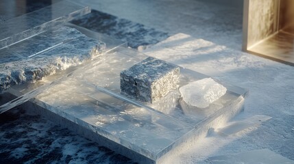 Sticker - Abstract Ice and Stone Cubes on Glass Platform Minimalist 3D Render