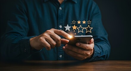 Wall Mural - Man using his phone with a five-star icon, representing the concept of customer service and satisfaction through feedback, reviews, and ratings.