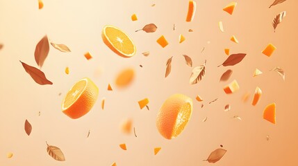 Wall Mural - Floating Orange Slices and Autumn Leaves,  Vibrant Citrus Still Life