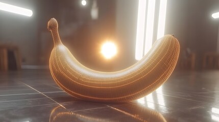 Wall Mural - Abstract Wireframe Banana on Glossy Floor, Futuristic Fruit Still Life