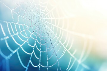A spiderweb glistening with morning dew, delicate strands adorned with water droplets.