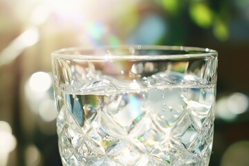 Wall Mural - A crystal glass filled with sparkling water, bathed in sunlight, creating a refreshing summer scene.