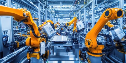 Wall Mural - high-tech factory floor showcasing multiple robotic arms efficiently assembling products in a modern