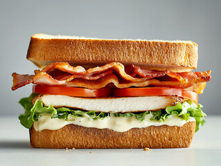 Crispy Chicken Bacon Sandwich: A mouthwatering close-up of a delicious chicken bacon sandwich, layered with crispy bacon, juicy chicken, fresh lettuce, ripe tomatoes, and creamy mayonnaise