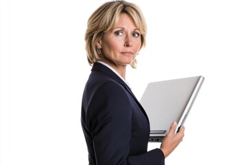 Wall Mural - A businesswoman, holding a laptop, looks over her shoulder with a serious expression.