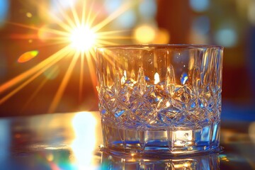 Wall Mural - A crystal glass filled with water, illuminated by a vibrant sunset, creating a stunning display of light and reflection.
