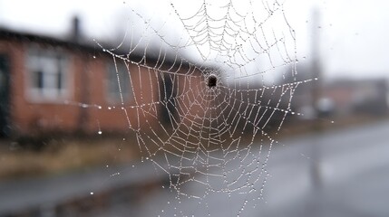 Wall Mural - Dew-covered spiderweb, blurry buildings background, autumn day, nature photography