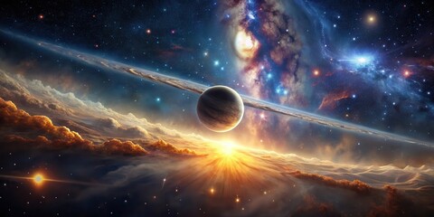 Wall Mural - a celestial tapestry a planet's sunrise over a golden cloud sea with distant galaxies and stars