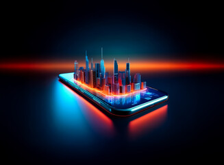Aufkleber - A vibrant, futuristic cityscape miniature sits atop a sleek smartphone, illuminated by neon blue and orange light.  The scene suggests technological advancement and mobile connectivity.