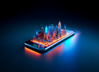 Poster - A vibrant, miniature metropolis glows on a sleek smartphone, showcasing the concept of a mobile connected world.  Neon lights illuminate the futuristic cityscape.