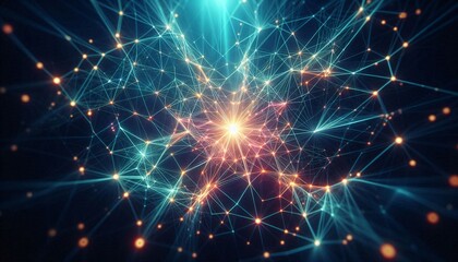 Fototapete - Neural lowpoly AI futuristic neon network of abstract connection background