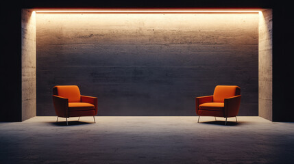 Minimalist design featuring two orange chairs in modern space with concrete walls and ambient lighting. simplicity creates calm and inviting atmosphere