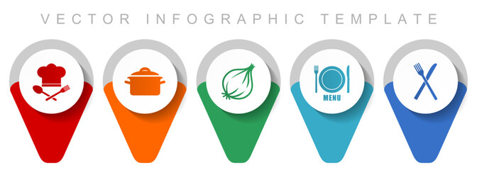 Fototapete - Food pointer collection, miscellaneous icons such as chef hat, pot, onion, menu and cutlery, flat design vector infographic template in eps 10