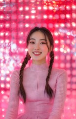 Wall Mural - A Korean woman, wearing a pink short houndstooth-patterned jacket and skirt set with a braided hairstyle, sits in front of a sparkling red backdrop, smiling at the camera