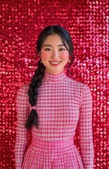 Wall Mural - A Korean woman, wearing a pink houndstooth-patterned long-sleeved top and skirt set, is smiling at the camera