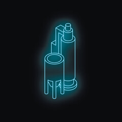 Wall Mural - Isometric view of chemical tanks glowing with neon blue light on black background, representing chemical processing, industrial plant, or manufacturing concept