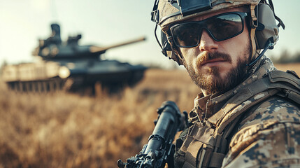 A man in a military uniform with a machine gun on the background of a tank in a field