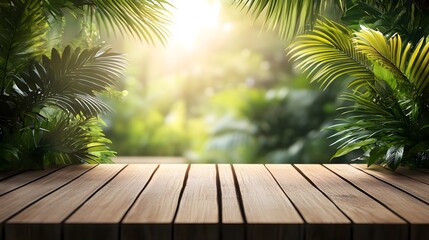 Wall Mural - Wooden Table Tropical Jungle Background Lush Greenery Sunlight