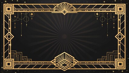 art deco gold wedding border with geometric frame and intricate detailing on a black background
