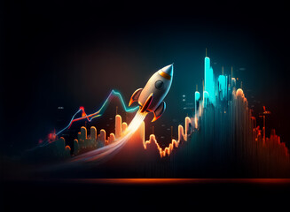 Poster - A futuristic rocket launches upward, soaring above a dynamic, colorful graph representing growth and progress.  The scene symbolizes ambition, innovation, and reaching new heights.