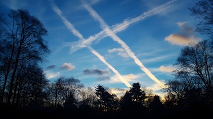 Wall Mural - Stunning Sunset Sky with Contrails Over Silhouetted Trees