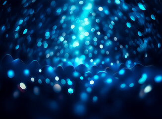 Poster - Abstract image of vibrant blue bokeh lights, creating a dreamy, ethereal, and slightly dark atmosphere.  The lights appear to emanate from a central point, forming a luminous, wave-like pattern at the