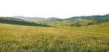 Scenic countryside landscape with grassy fields and distant hills, isolated on transparent cutout background