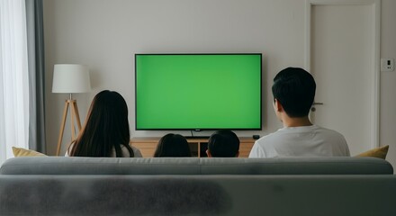 Wall Mural - Back view of happy Asian family watching TV together in living room at home, cheerful and fun with movie, with green screen