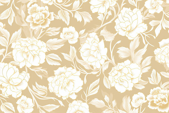 elegant white roses and beige leaves seamless floral pattern