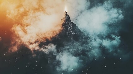 Canvas Print - Mystical Mountain Peak in Smoky Cloudscape,  Dramatic AI Art