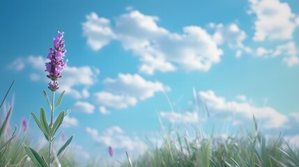 Wall Mural - single lavender flower against blue sky with white clouds