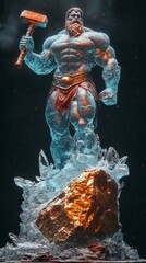 Wall Mural - Hyperdetailed icy monument in blue and red sculpted with the upper body of a muscular man holding a hammer while the lower half remains a rough golden stone set against a dark background
