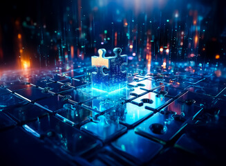 Aufkleber - A glowing, digital puzzle piece sits atop a reflective surface of other pieces, representing connection and problem-solving within a futuristic, data-driven world.