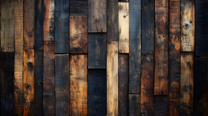 Wall Mural - A textured wooden wall featuring various shades of brown and black, showcasing natural grain patterns and rustic charm