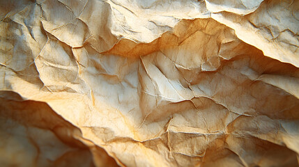 Fototapete - A close-up of crumpled, light brown paper showcasing intricate textures and folds, creating an organic and tactile visual appeal