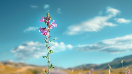 Wall Mural - single pink wildflower against a blue sky with clouds