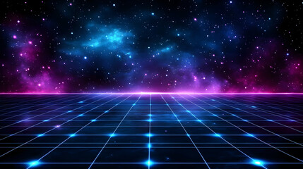 Wall Mural - Neon Grid Landscape, Cosmic Background, Futuristic Scene
