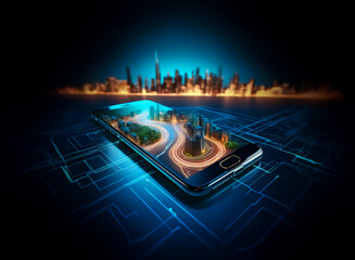 Aufkleber - A futuristic cityscape displayed on a smartphone screen, resting on a circuit board.  The city lights glow brightly against the dark background, symbolizing technological advancement and urban develop