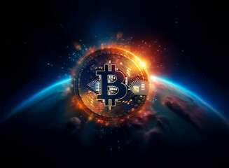 Aufkleber - A glowing Bitcoin symbol explodes over a planet Earth, representing cryptocurrency's global impact and technological advancement.  The vibrant colors and energetic effects emphasize its revolutionary 