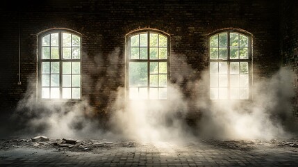 Canvas Print - Misty Sunlight Through Three Windows in Abandoned Brick Building