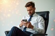 © Premium Illustration - Young businessman with brown hair and beard wearing white shirt and blue tie looking focused at smartphone sitting in black office chair modern office background
