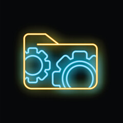 Wall Mural - glowing neon line folder and gear icon isolated on black background. concept of confidential documen