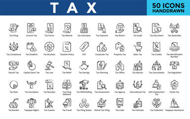 Canvas Print - Tax icons set with tax filing, income tax, tax forms, tax refund, tax calculator, tax payment, tax return, tax audit, tax document, tax deduction icon. Simple handddrawn vector 
