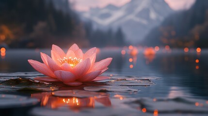 Wall Mural - Illuminated Lotus Flower Floating Serenely On Calm Water