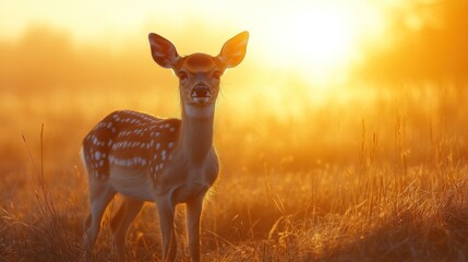 Wall Mural - Young Fawn Stands in Golden Sunset Meadow